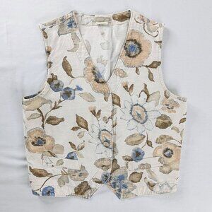 VTG Cream Floral Metal Button Front Canvas Foliage All Over Print Vest